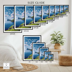 Faroe Islands Print | North Atlantic Travel Wall Art size guide showcasing various frame options and dimensions.