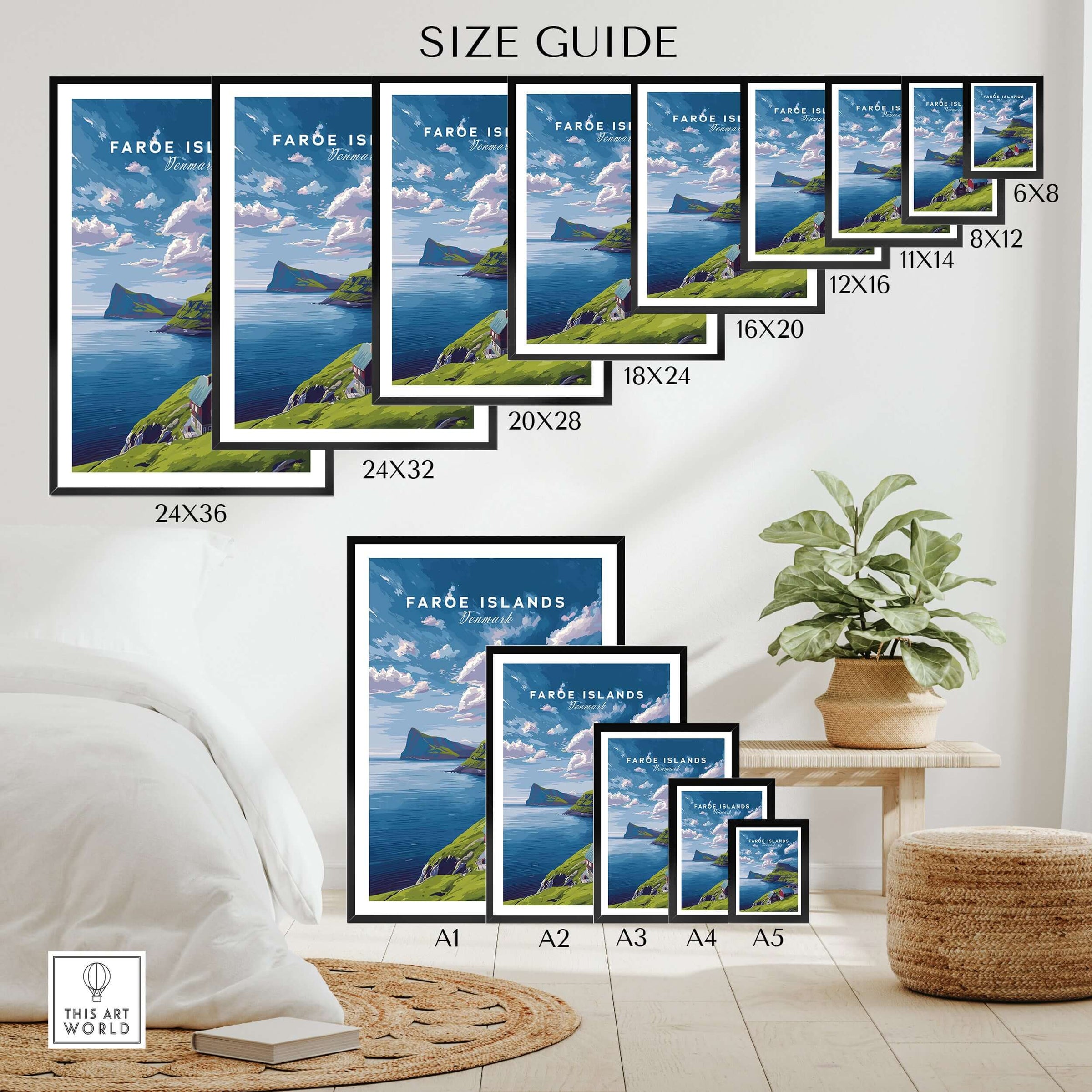 Faroe Islands Print | North Atlantic Travel Wall Art size guide showcasing various frame options and dimensions.