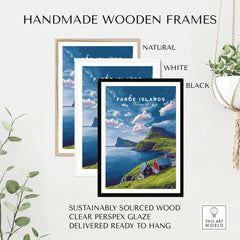 Faroe Islands Print | North Atlantic Travel Wall Art displayed in handmade wooden frames of different colors.