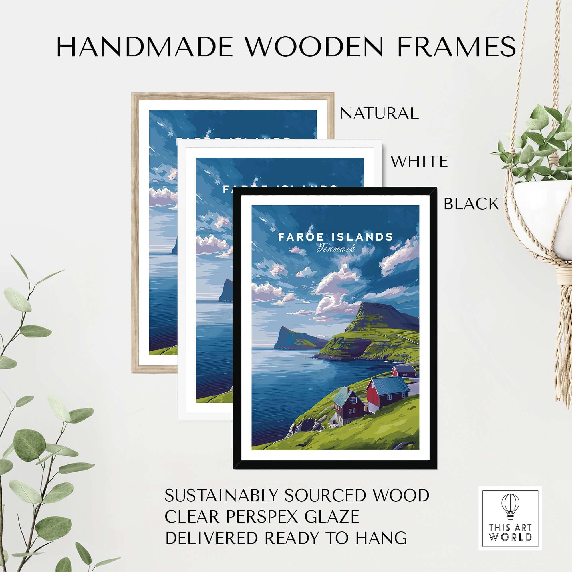 Faroe Islands Print | North Atlantic Travel Wall Art displayed in handmade wooden frames of different colors.