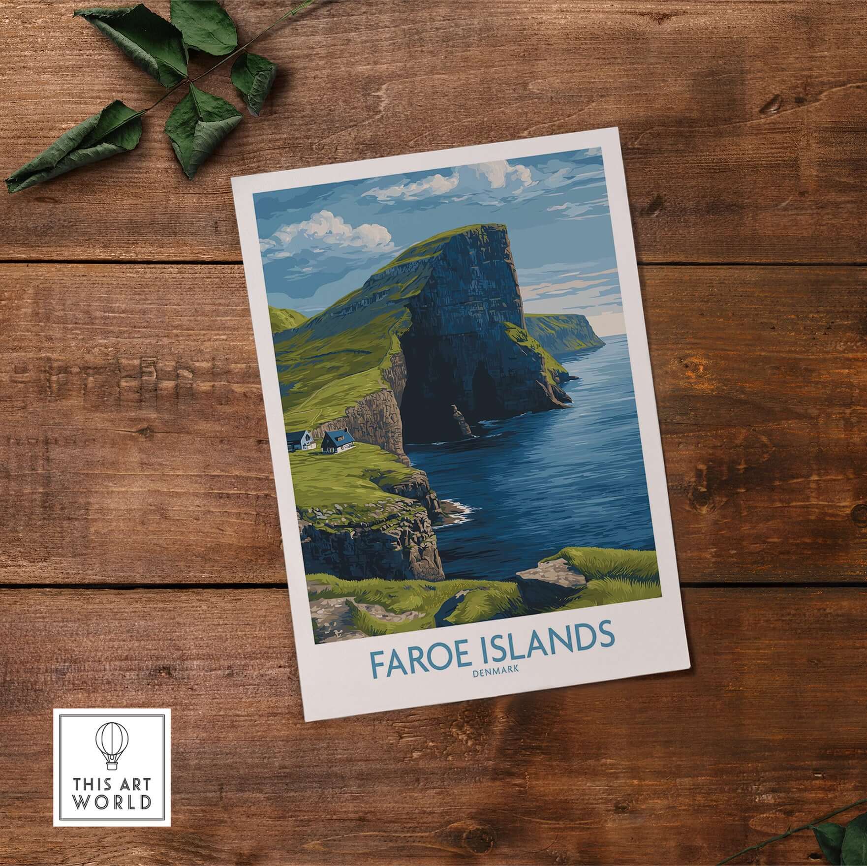 Faroe Islands Vágar Cliffs Art Print | Dramatic Coastal Landscape Poster on wooden surface.