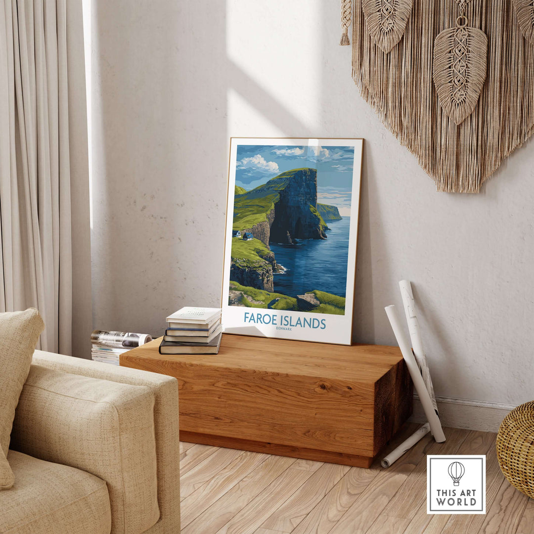 Faroe Islands Vágar Cliffs Art Print | Dramatic Coastal Landscape Poster displayed in a stylish living room setting.