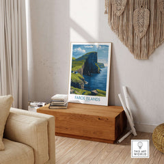 Faroe Islands Vágar Cliffs Art Print | Dramatic Coastal Landscape Poster displayed in a cozy interior setting.