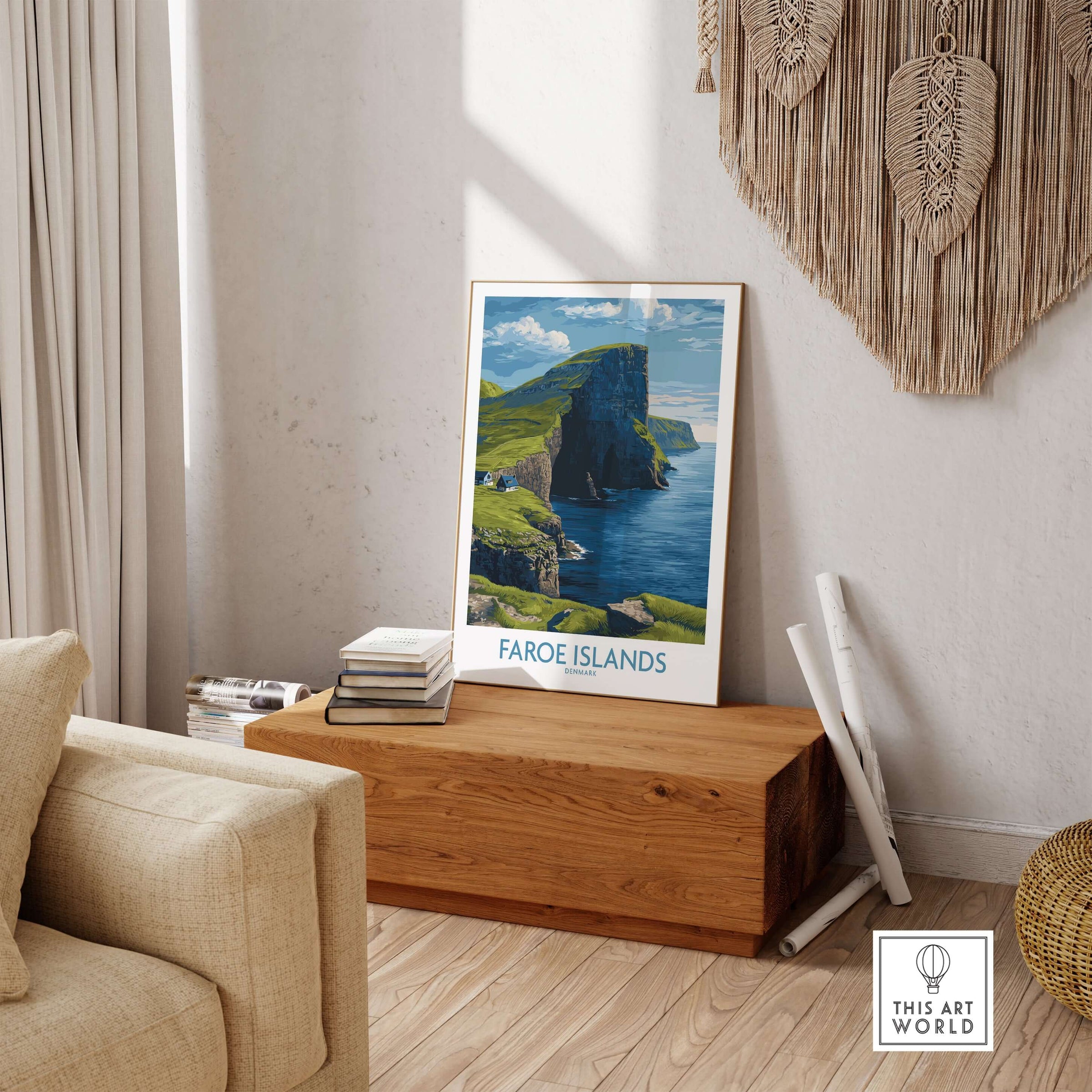 Faroe Islands Vágar Cliffs Art Print | Dramatic Coastal Landscape Poster displayed in a cozy interior setting.