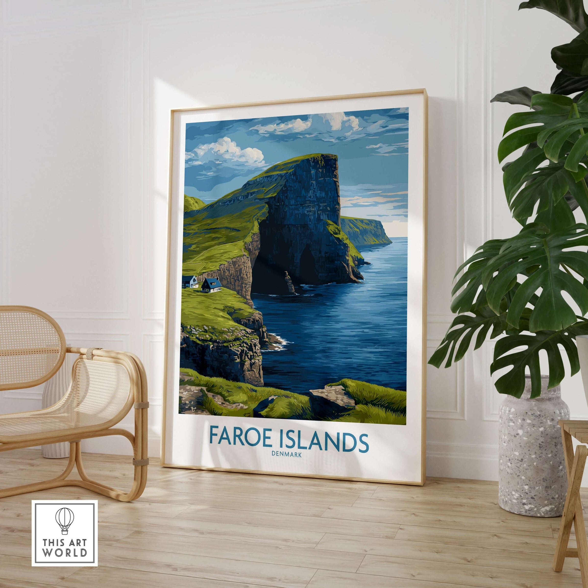 Faroe Islands Vágar Cliffs Art Print | Dramatic Coastal Landscape Poster displayed in a stylish interior setting.