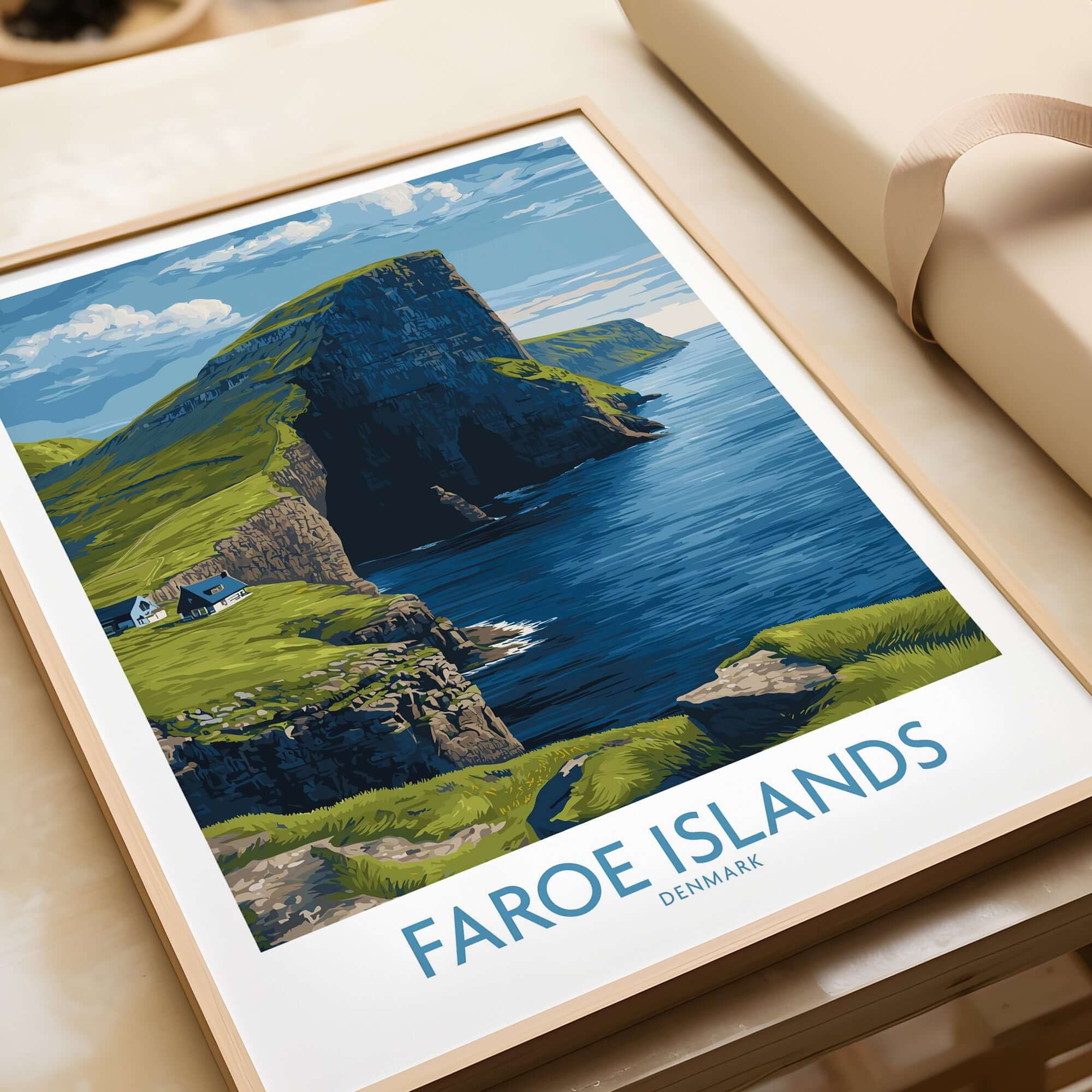 Faroe Islands Vágar Cliffs Art Print | Dramatic Coastal Landscape Poster, showcasing rugged cliffs and ocean.