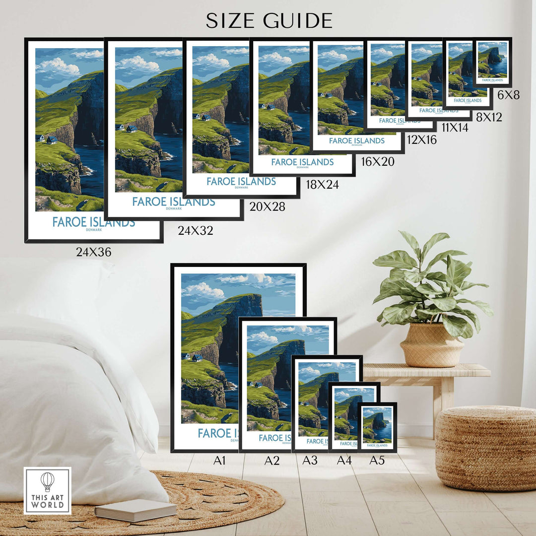 Faroe Islands Vágar Cliffs Art Print | Dramatic Coastal Landscape Poster size guide with various frame sizes displayed.