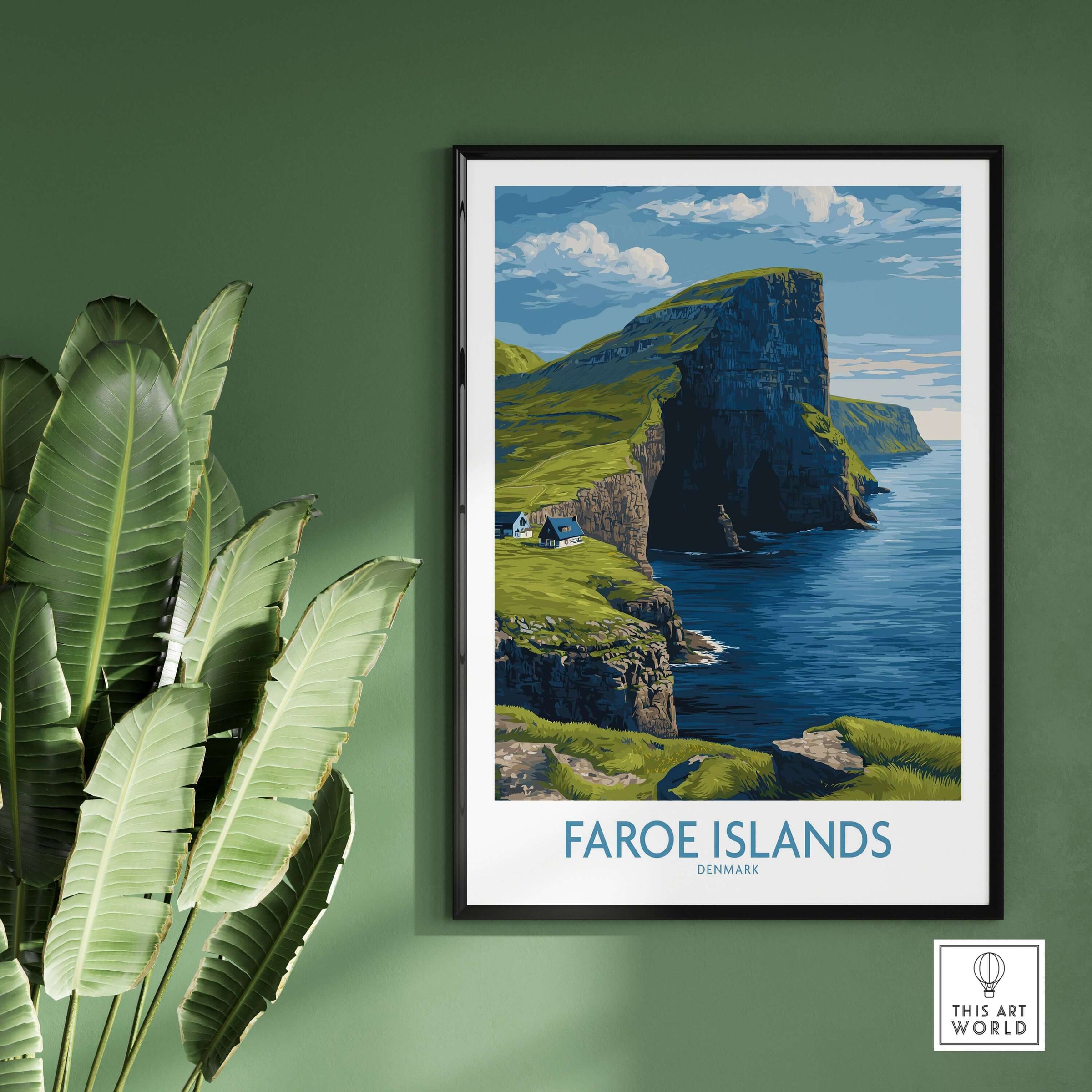 Faroe Islands Vágar Cliffs Art Print | Dramatic Coastal Landscape Poster framed on wall with green background and plants.
