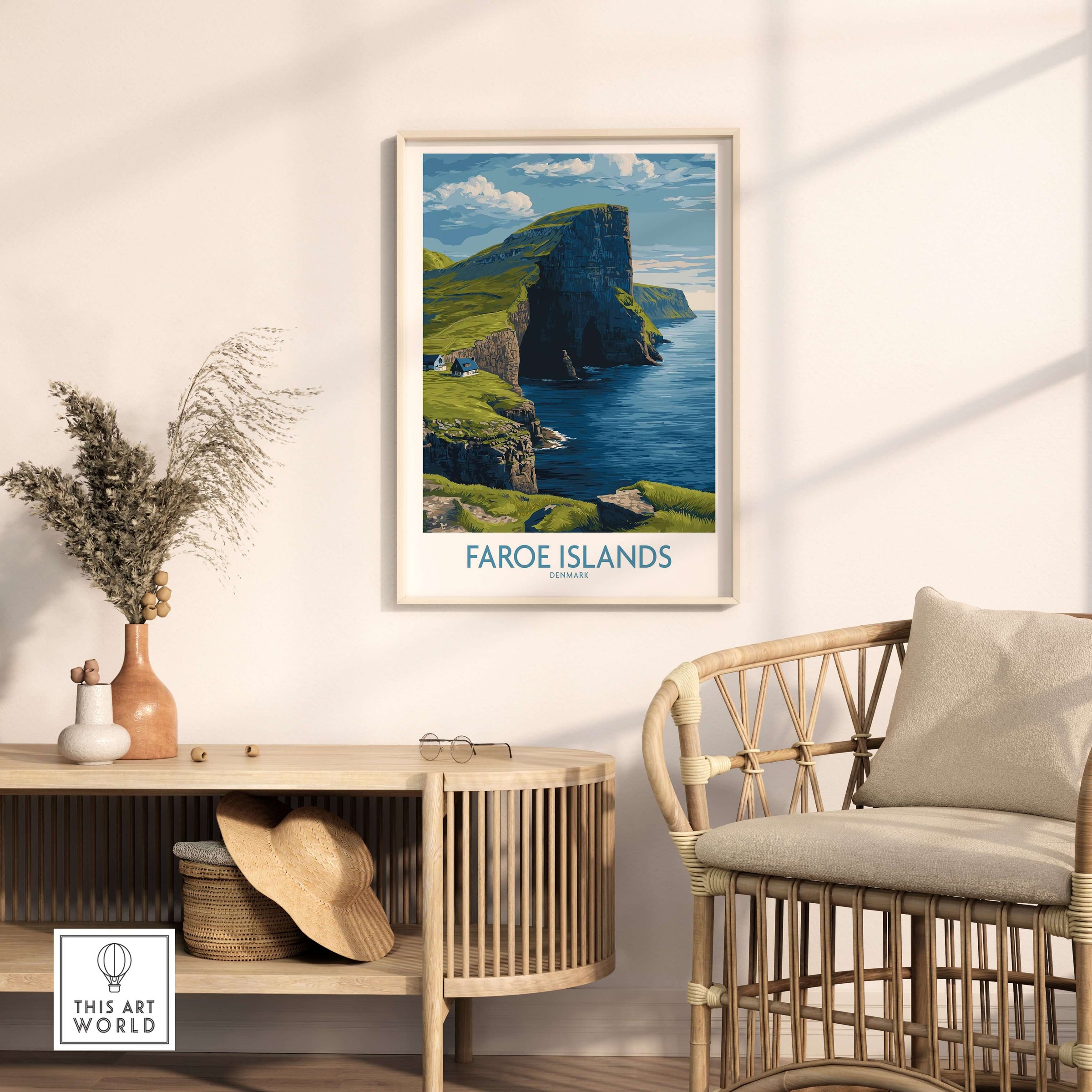 Faroe Islands Vágar Cliffs Art Print | Dramatic Coastal Landscape Poster displayed in a modern interior setting.