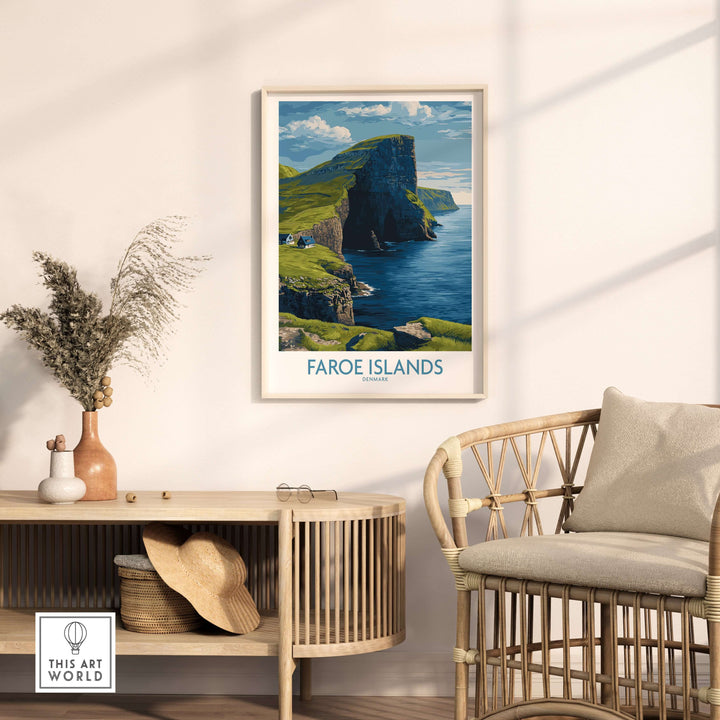 Faroe Islands Vágar Cliffs Art Print | Dramatic Coastal Landscape Poster displayed in a stylish living room setting.