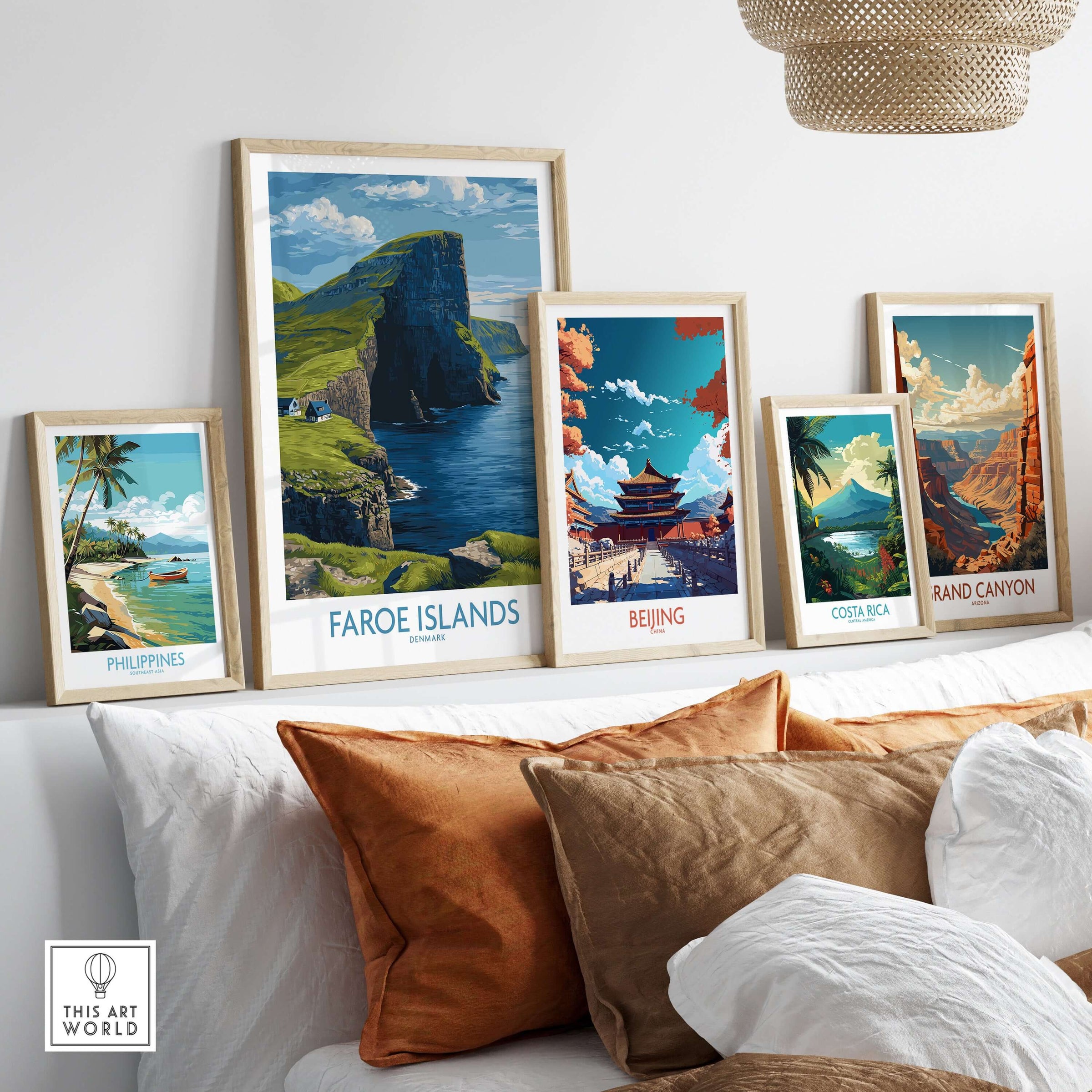 Faroe Islands Vágar Cliffs Art Print | Dramatic Coastal Landscape Poster displayed in a home setting with other travel prints.