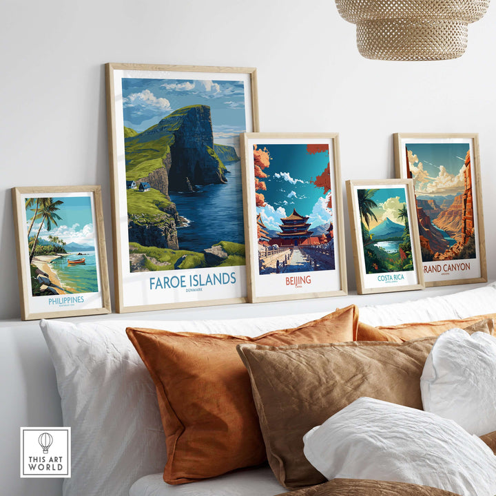Faroe Islands Vágar Cliffs Art Print | Dramatic Coastal Landscape Poster displayed among other travel-themed art prints.