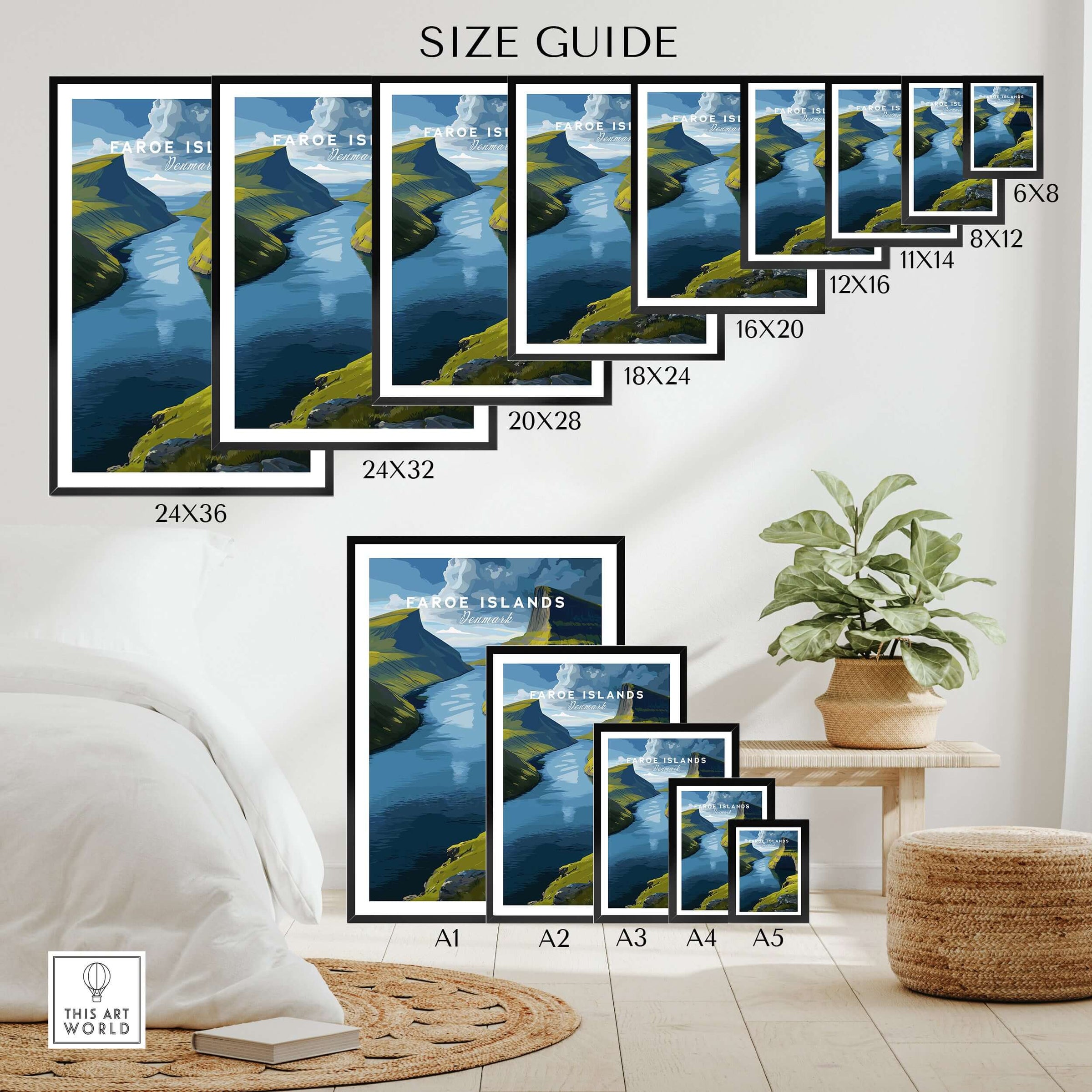 Faroe Islands Vertical Cliffs Canyon Print | Nordic Wild Nature Decor size guide with various print dimensions.
