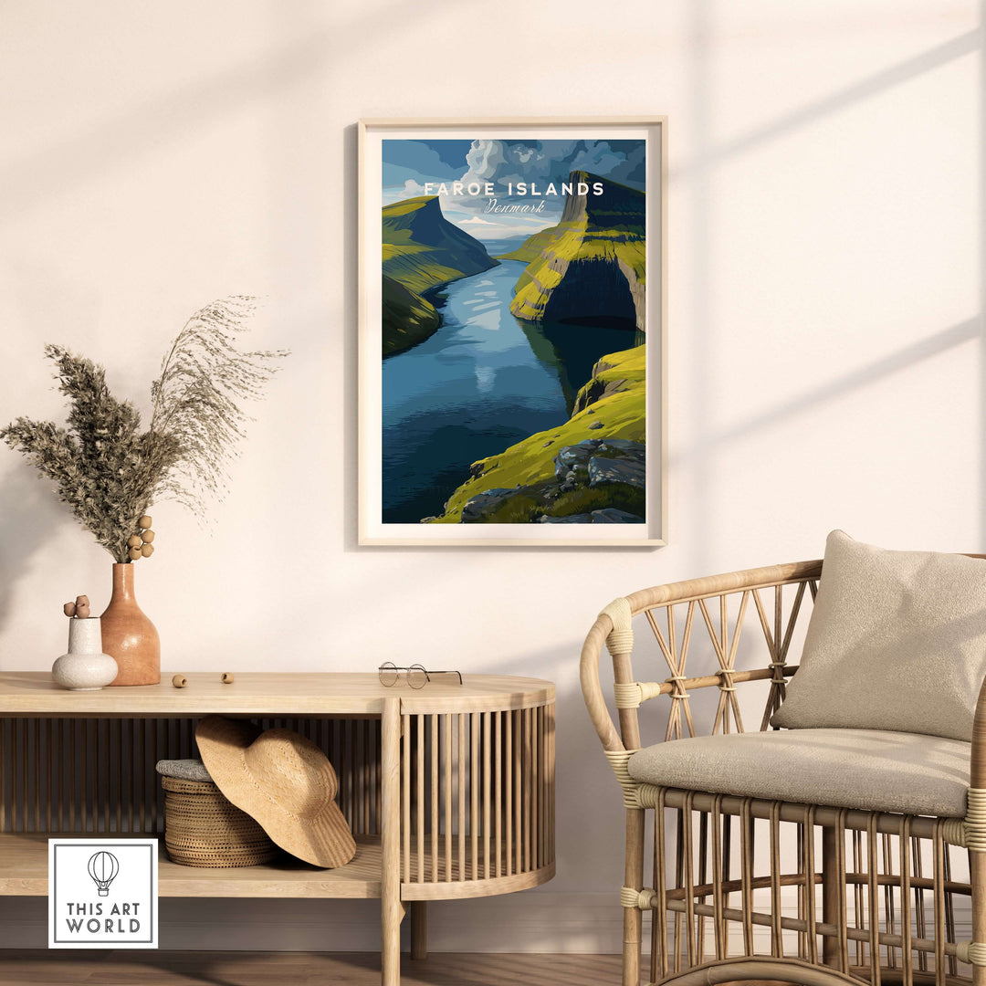 Faroe Islands Vertical Cliffs Canyon Print | Nordic Wild Nature Decor displayed in a stylish living room setting.