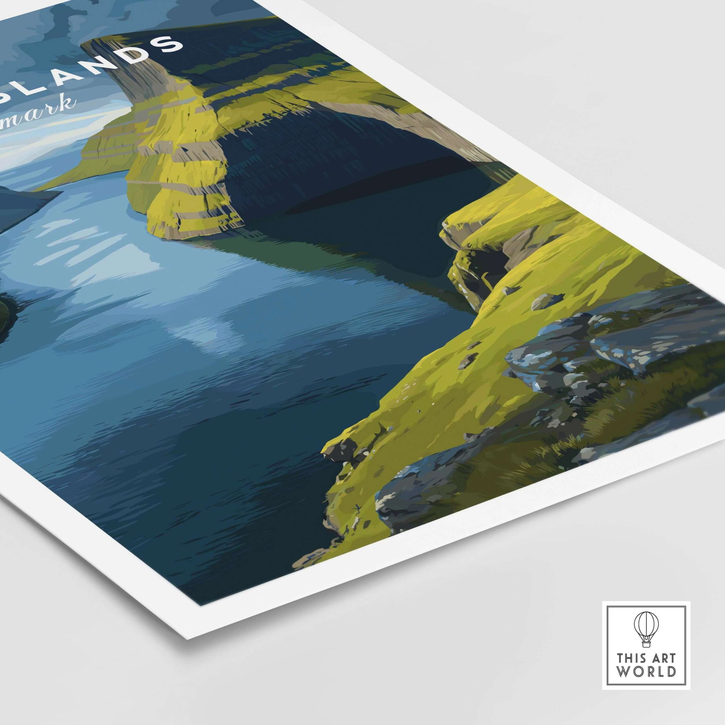 Faroe Islands Vertical Cliffs Canyon Print | Nordic Wild Nature Decor showcasing stunning cliffs and calm waters.