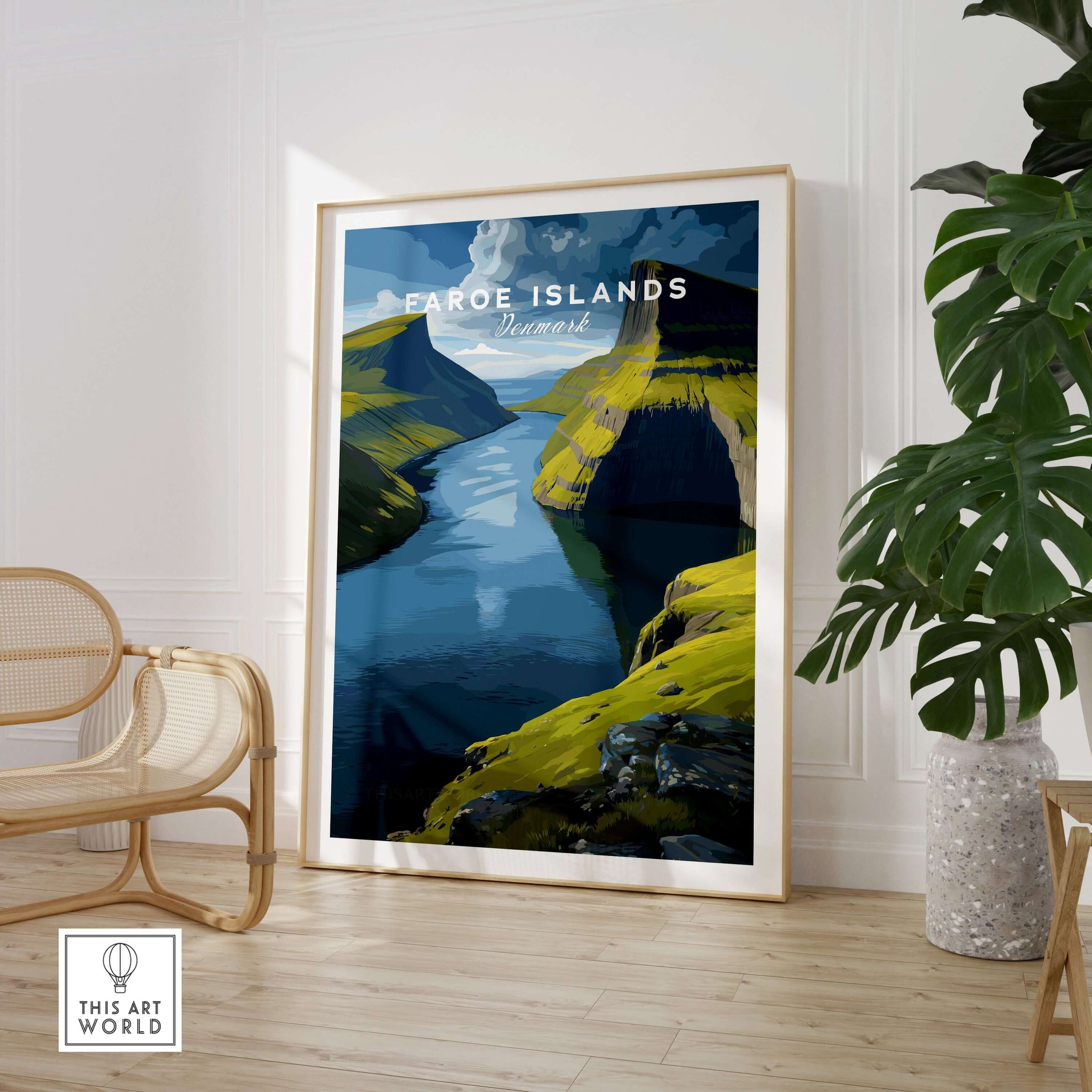 Faroe Islands Vertical Cliffs Canyon Print | Nordic Wild Nature Decor in an elegant interior setting with a plant.