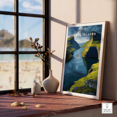 Faroe Islands Vertical Cliffs Canyon Print | Nordic Wild Nature Decor framed on a wooden table with a scenic background.