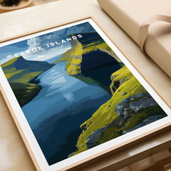 Faroe Islands Vertical Cliffs Canyon Print | Nordic Wild Nature Decor in a framed wall art display.