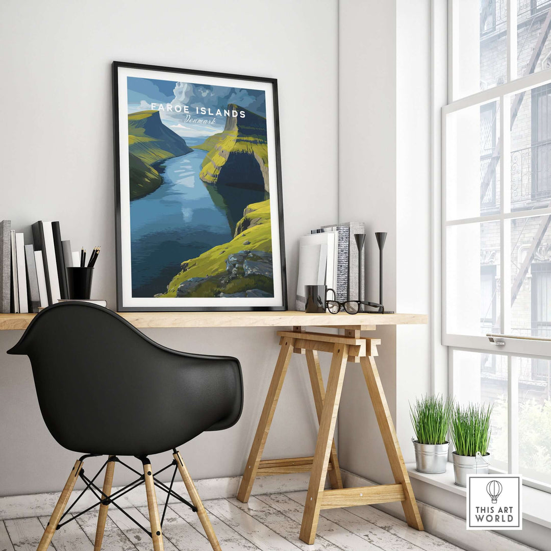 Faroe Islands Vertical Cliffs Canyon Print | Nordic Wild Nature Decor showcased in a stylish interior with modern furnishings.