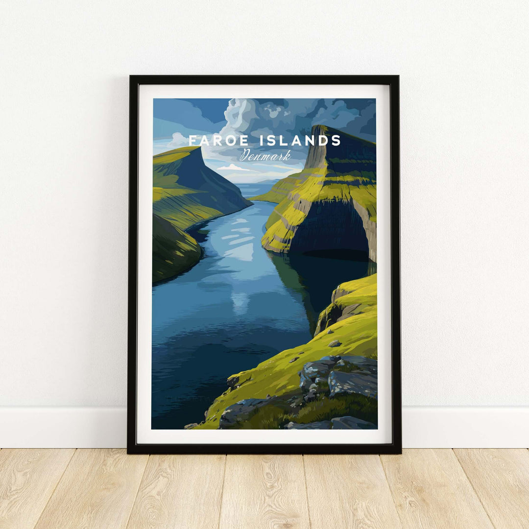 Faroe Islands Vertical Cliffs Canyon Print | Nordic Wild Nature Decor featuring a scenic river and green hills.