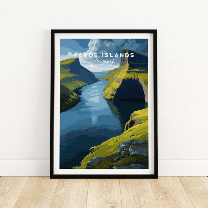 Faroe Islands Vertical Cliffs Canyon Print | Nordic Wild Nature Decor featuring a scenic river and green hills.
