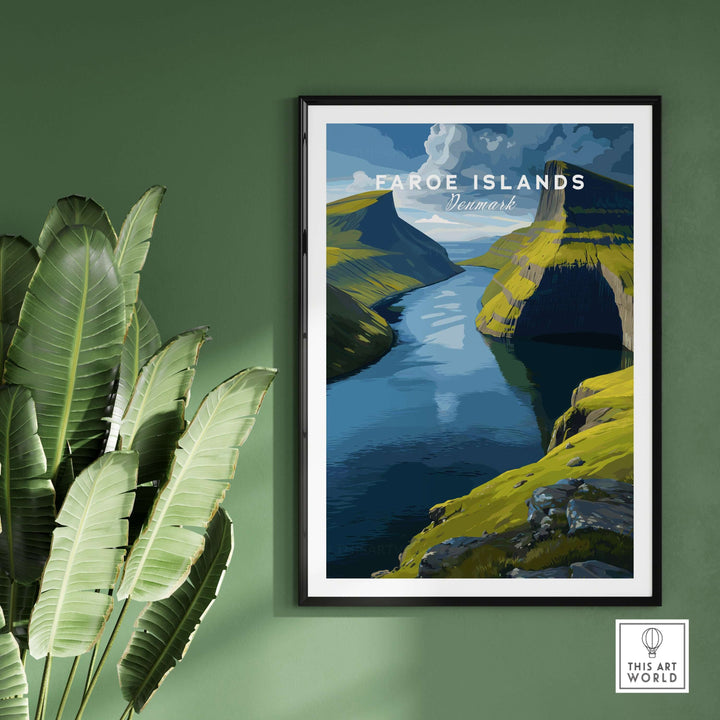 Faroe Islands Vertical Cliffs Canyon Print | Nordic Wild Nature Decor showcasing dramatic cliffs and river in stunning colors