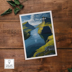 Faroe Islands Vertical Cliffs Canyon Print | Nordic Wild Nature Decor on wooden background with green leaves.