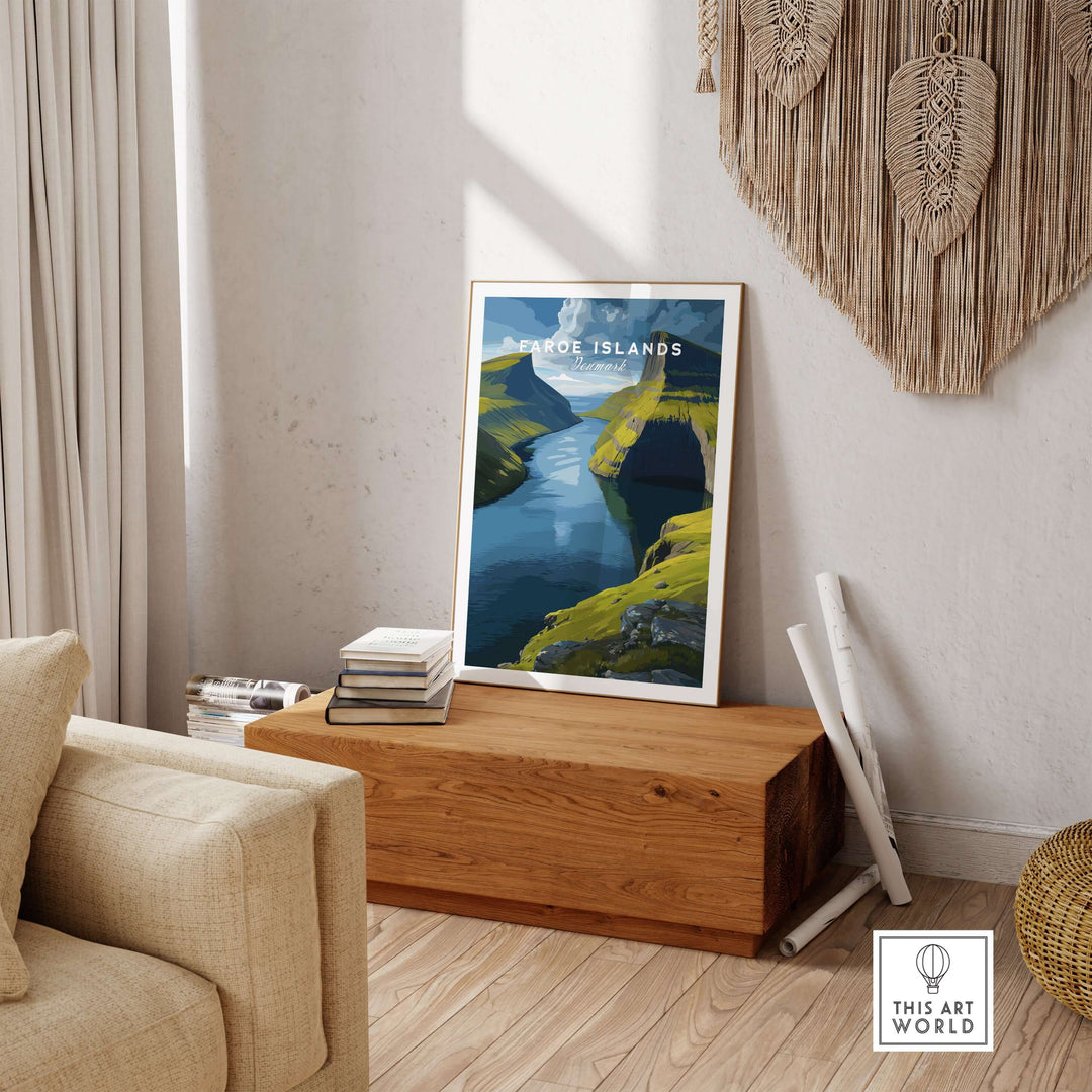 Faroe Islands Vertical Cliffs Canyon Print | Nordic Wild Nature Decor displayed in a stylish living room setting.