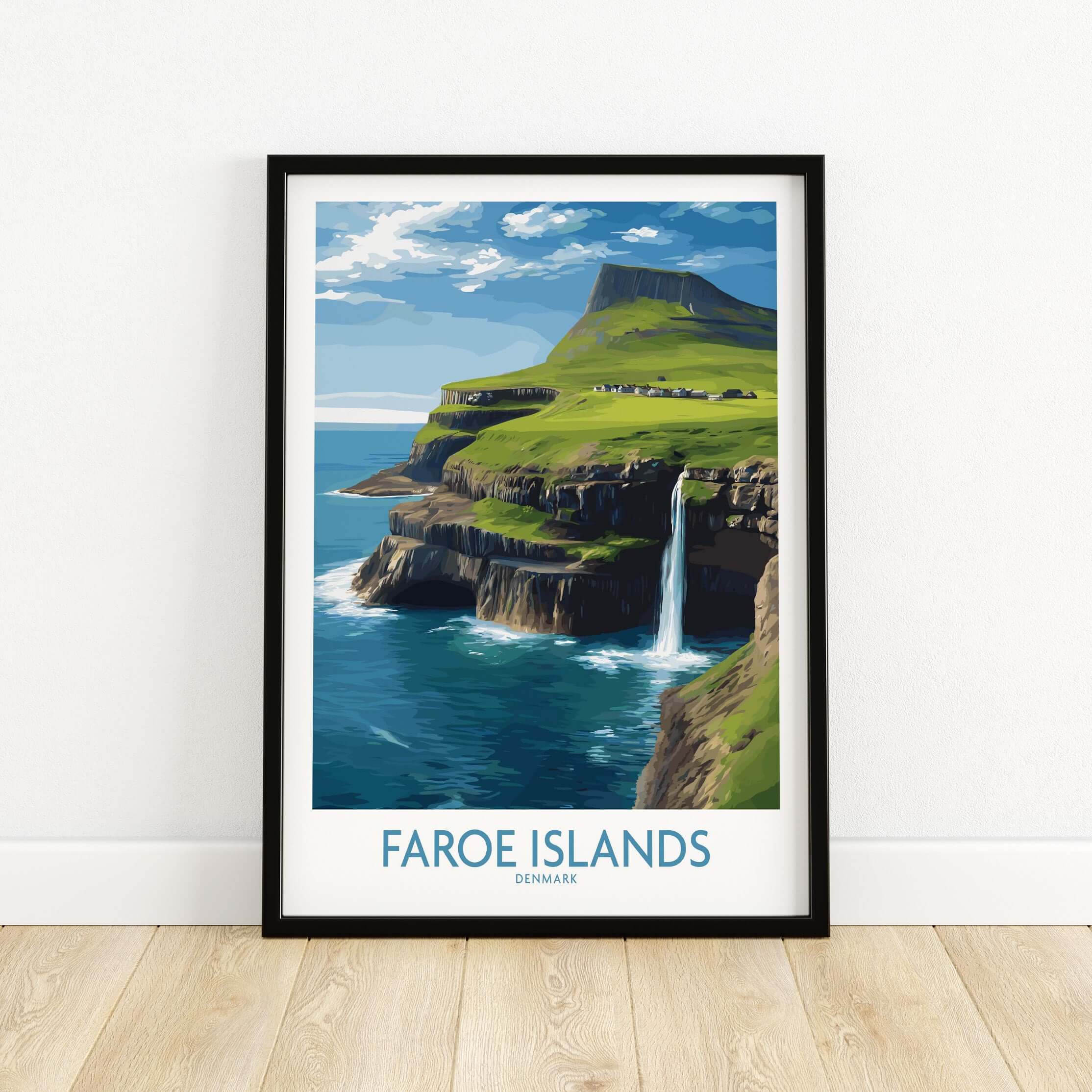 Faroe Islands Waterfall Art Print | Denmark Poster featuring a stunning waterfall and dramatic landscape.