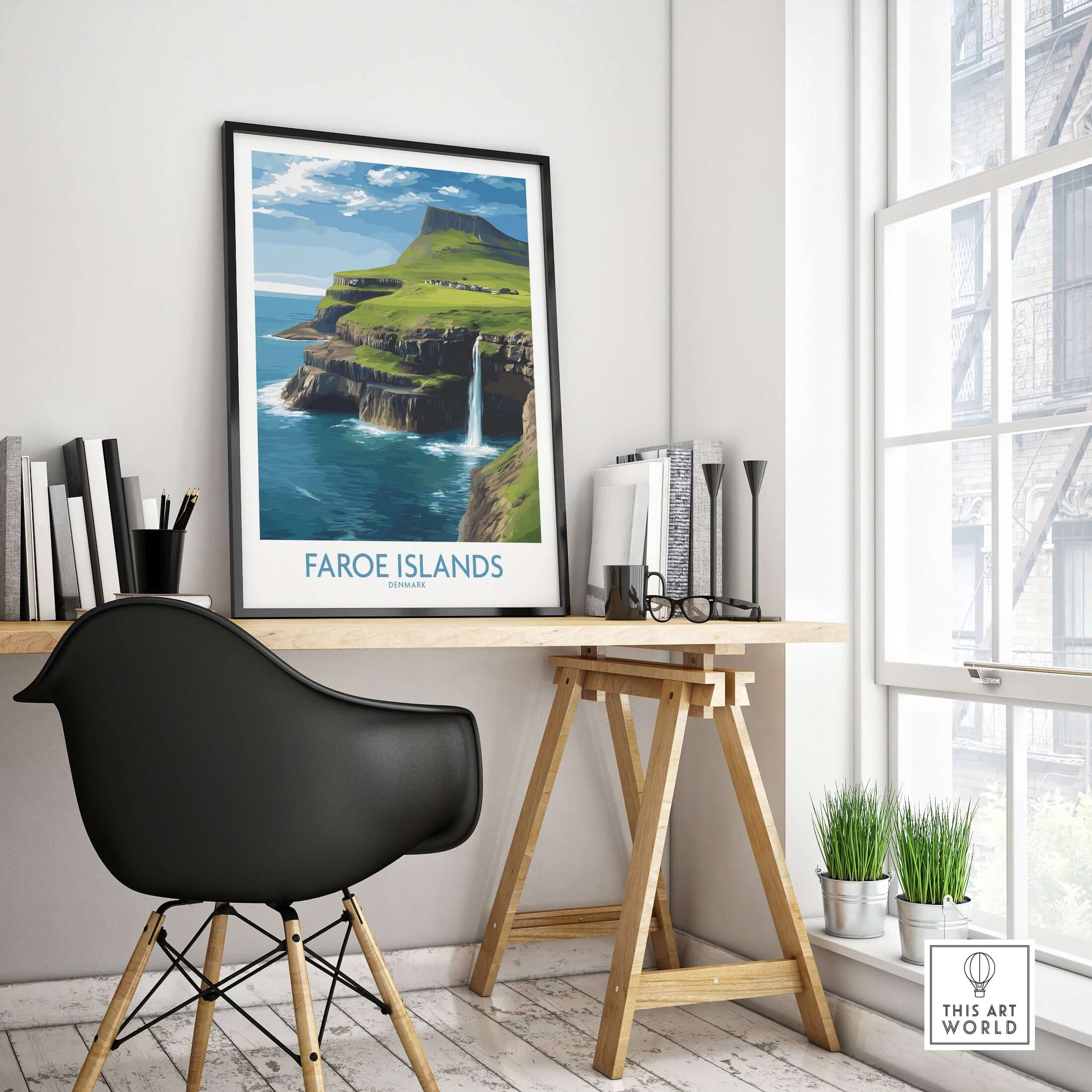 Faroe Islands Waterfall Art Print | Denmark Poster displayed in a modern home office setting with stylish decor.