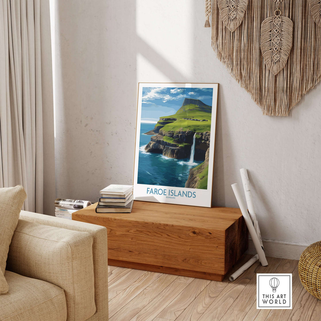 Faroe Islands Waterfall Art Print | Denmark Poster displayed in a stylish living room setting.