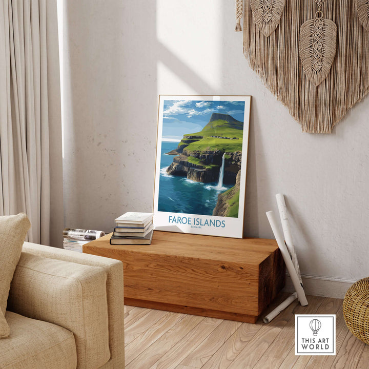 Faroe Islands Waterfall Art Print | Denmark Poster displayed in a stylish living room setting.