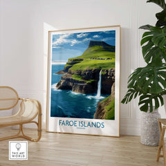 Faroe Islands Waterfall Art Print | Denmark Poster displayed in a modern home interior with a decorative chair.