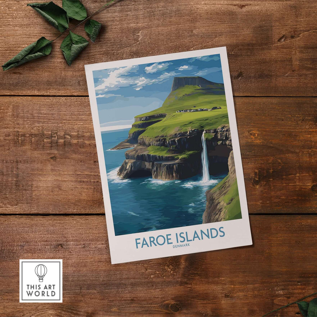 Faroe Islands Waterfall Art Print | Denmark Poster featuring cascading waters and a dramatic landscape.