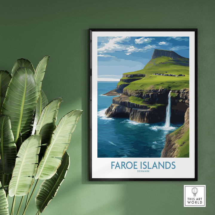 Faroe Islands Waterfall Art Print | Denmark Poster showcasing a stunning waterfall and dramatic landscapes in a framed print.