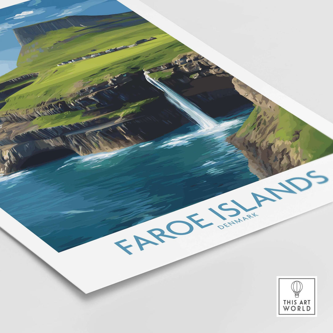 Faroe Islands Waterfall Art Print | Denmark Poster showcasing a stunning waterfall in the Faroe Islands landscape.