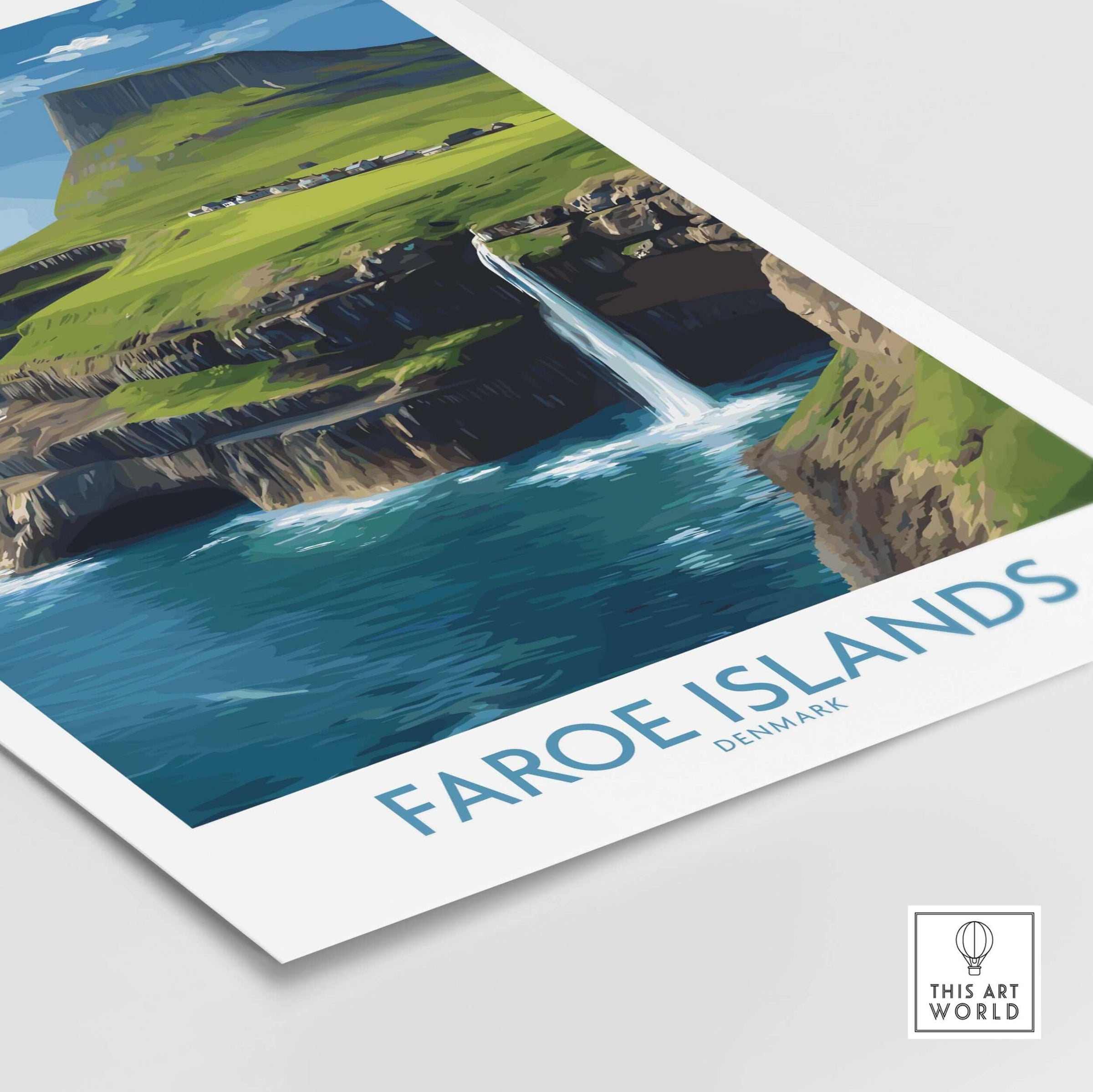 Faroe Islands Waterfall Art Print | Denmark Poster showcasing a waterfall amidst stunning landscapes.