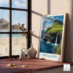Faroe Islands Waterfall Art Print | Denmark Poster displayed in a serene home setting with a scenic view.