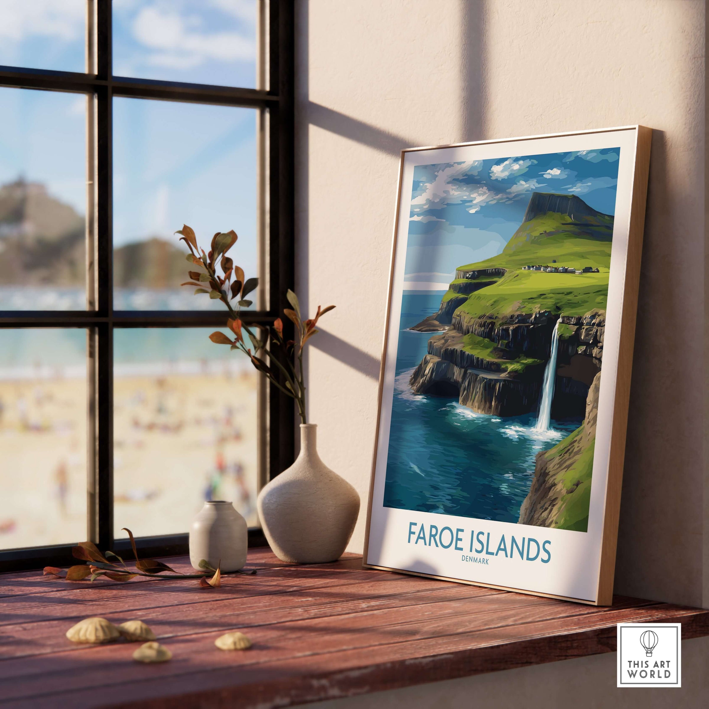 Faroe Islands Waterfall Art Print | Denmark Poster displayed in a serene home setting with a scenic view.