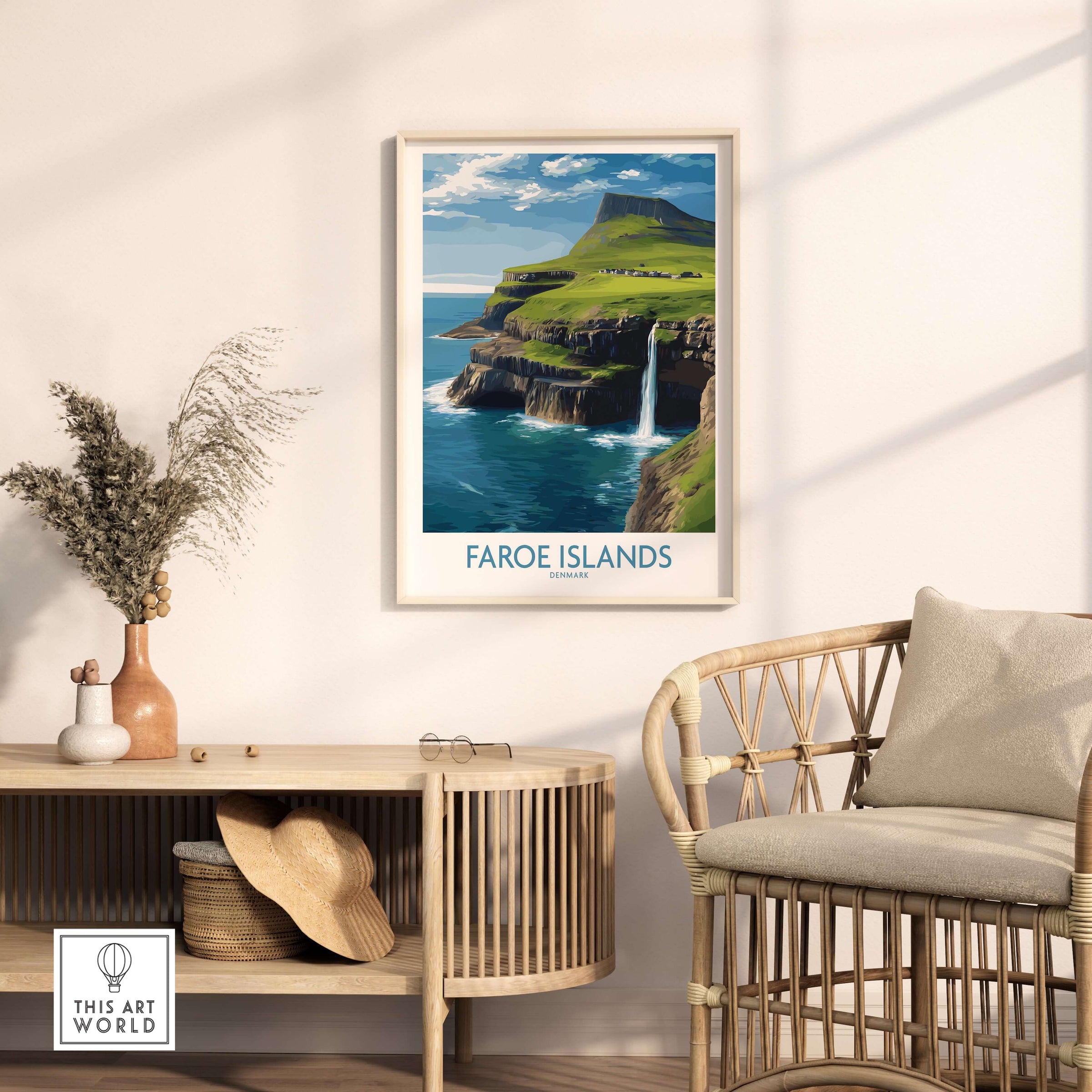 Faroe Islands Waterfall Art Print | Denmark Poster framed in a stylish interior, showcasing stunning natural landscapes.