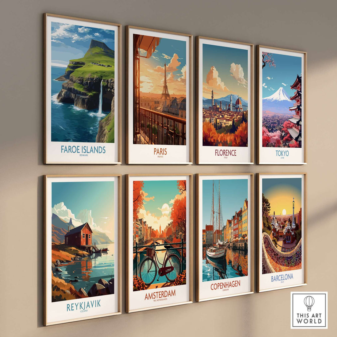 Faroe Islands Waterfall Art Print | Denmark Poster displayed among various city art prints on a gallery wall.