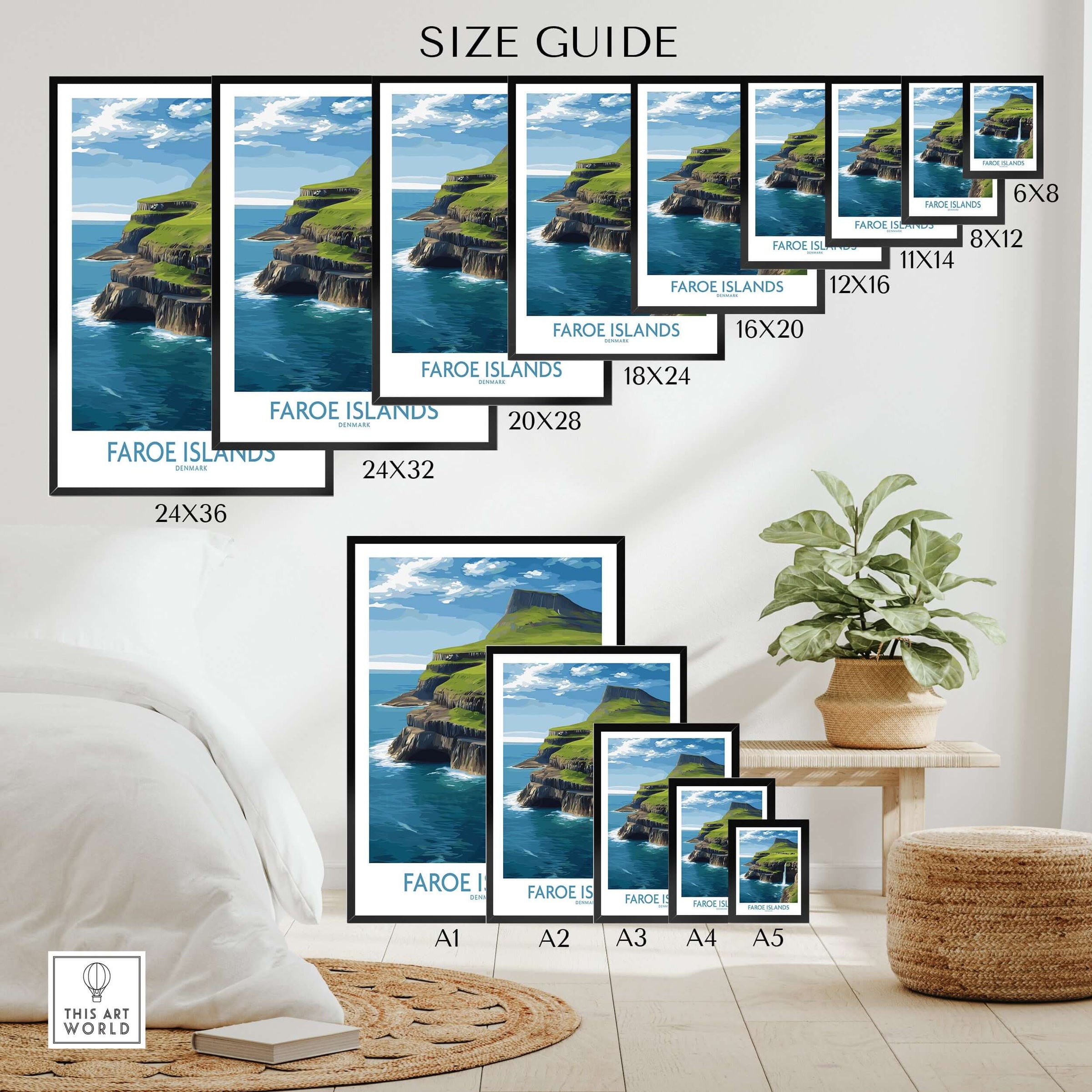 Size guide for Faroe Islands Waterfall Art Print | Denmark Poster showing available print sizes.
