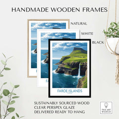 Faroe Islands Waterfall Art Print | Denmark Poster displayed in handmade wooden frames, available in natural, white, and black.