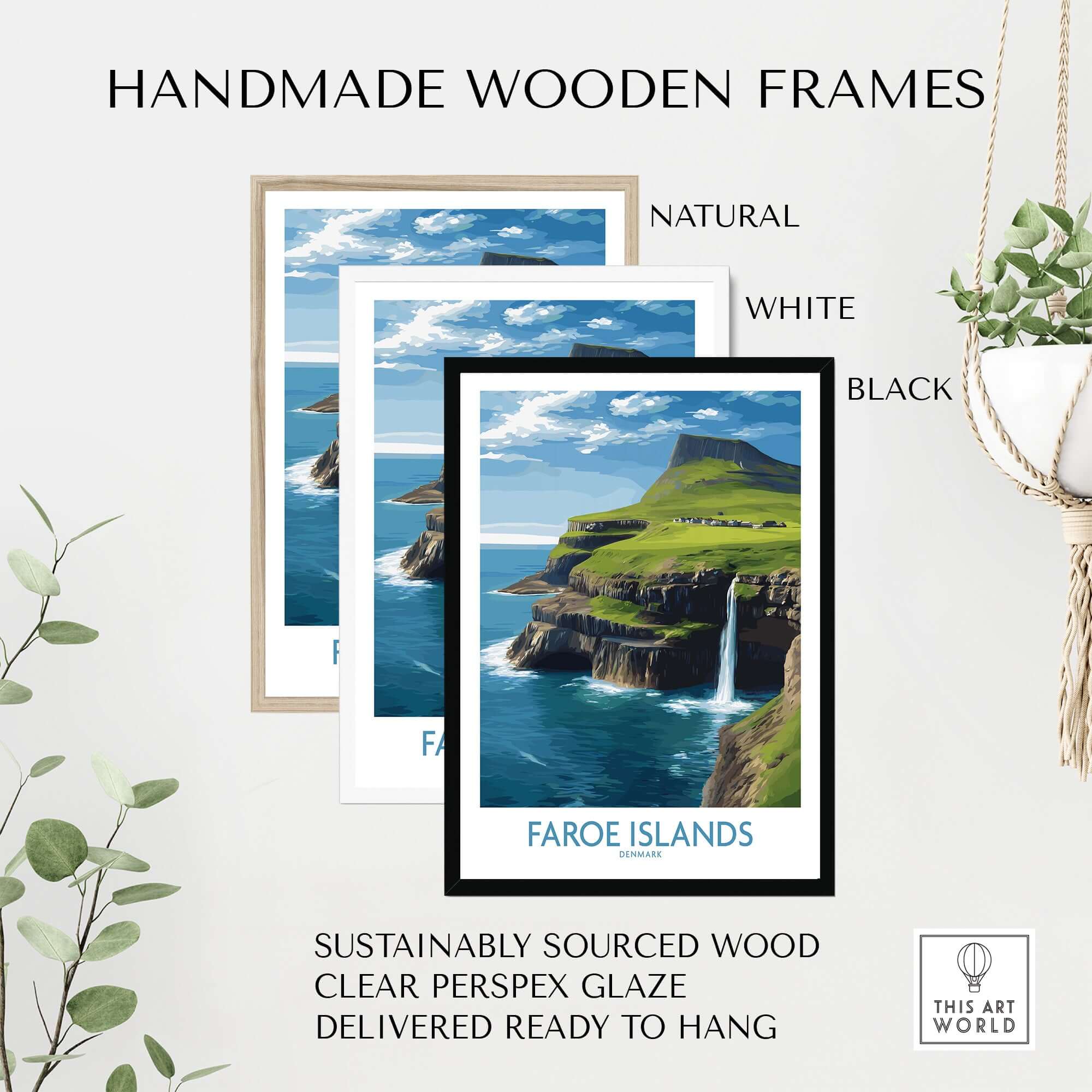 Faroe Islands Waterfall Art Print | Denmark Poster displayed in handmade wooden frames, available in natural, white, and black.