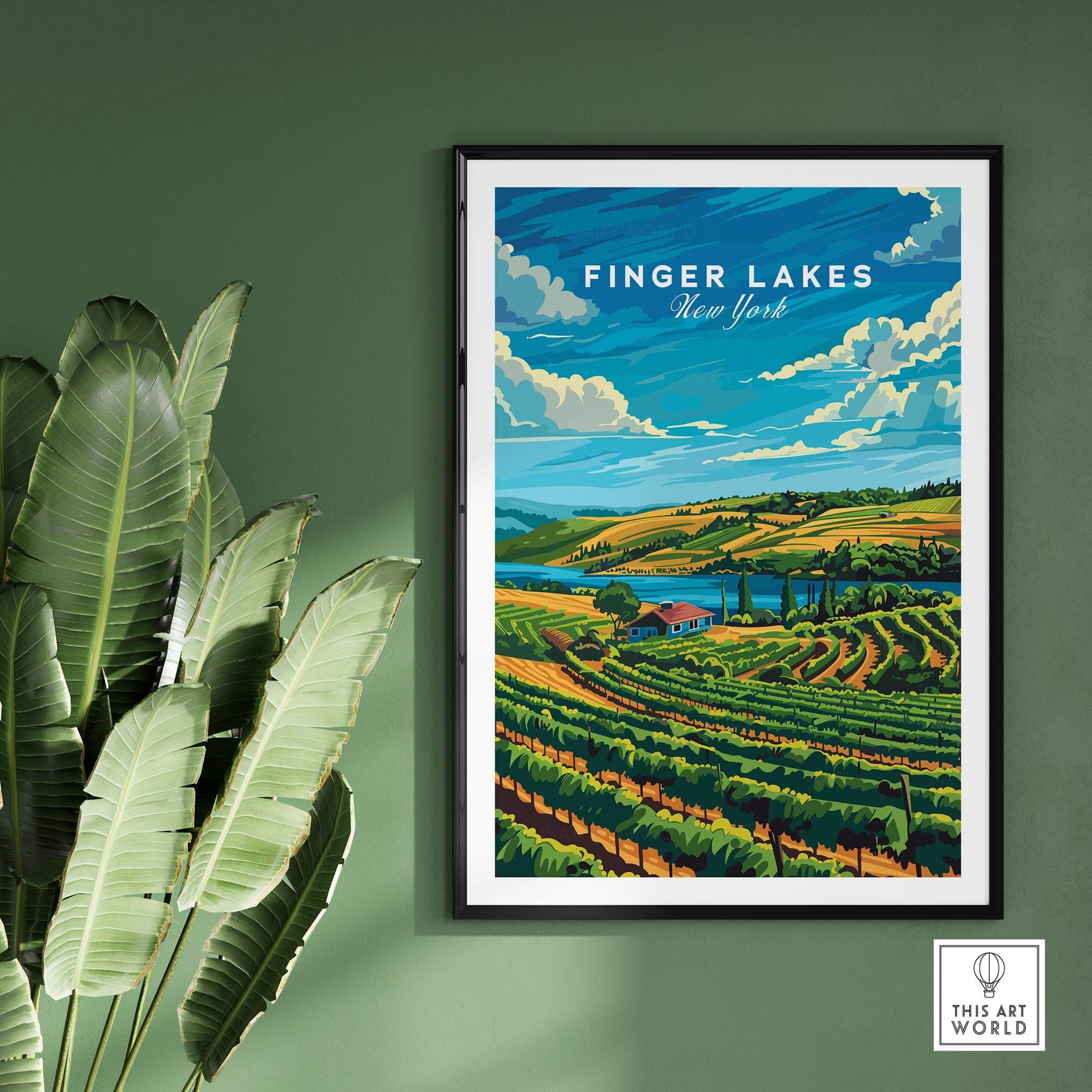 Finger Lakes Poster showcasing vibrant vineyard landscape in New York, perfect for home or office decor.