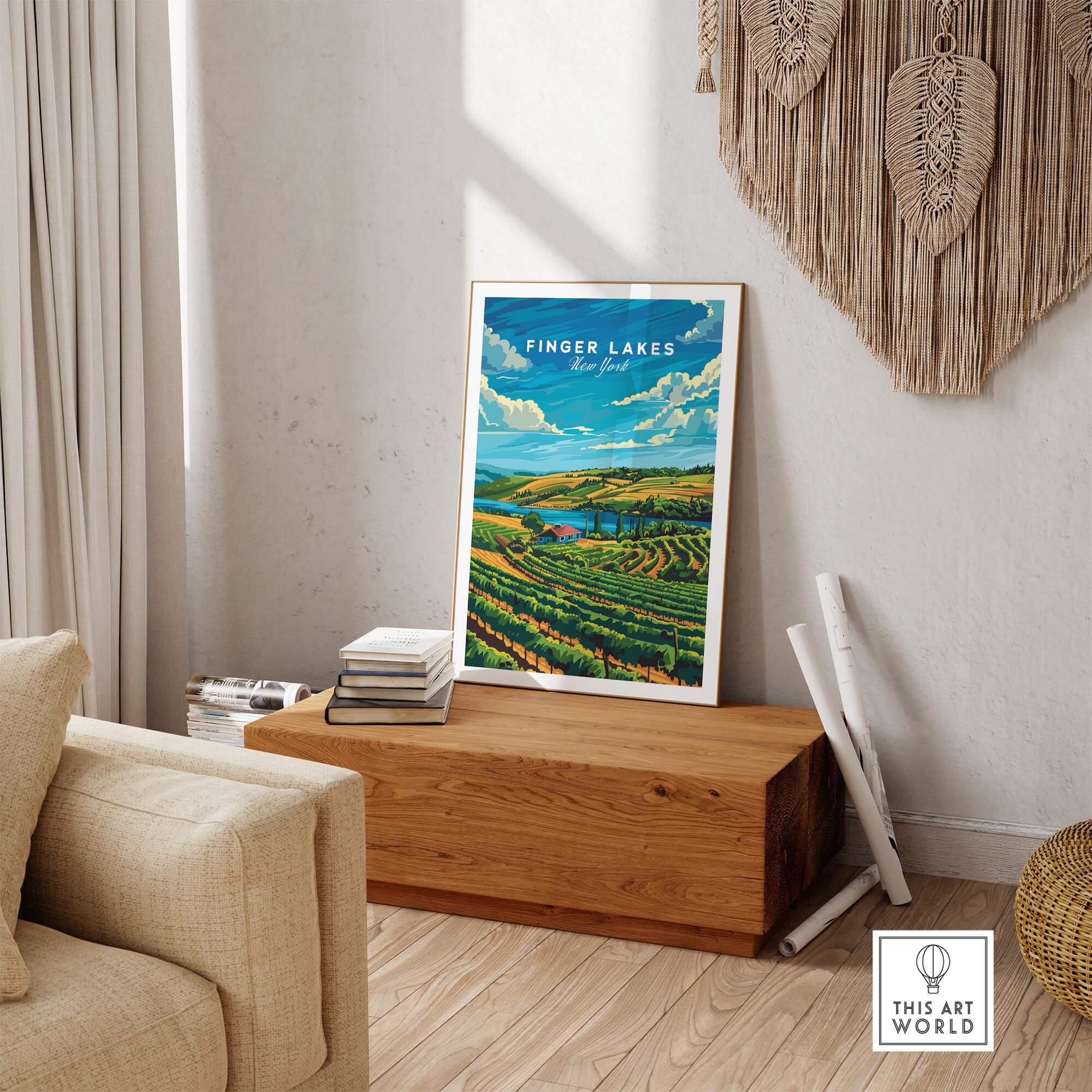 Finger Lakes Poster showcasing vibrant colors and stunning imagery in a home decor setting.