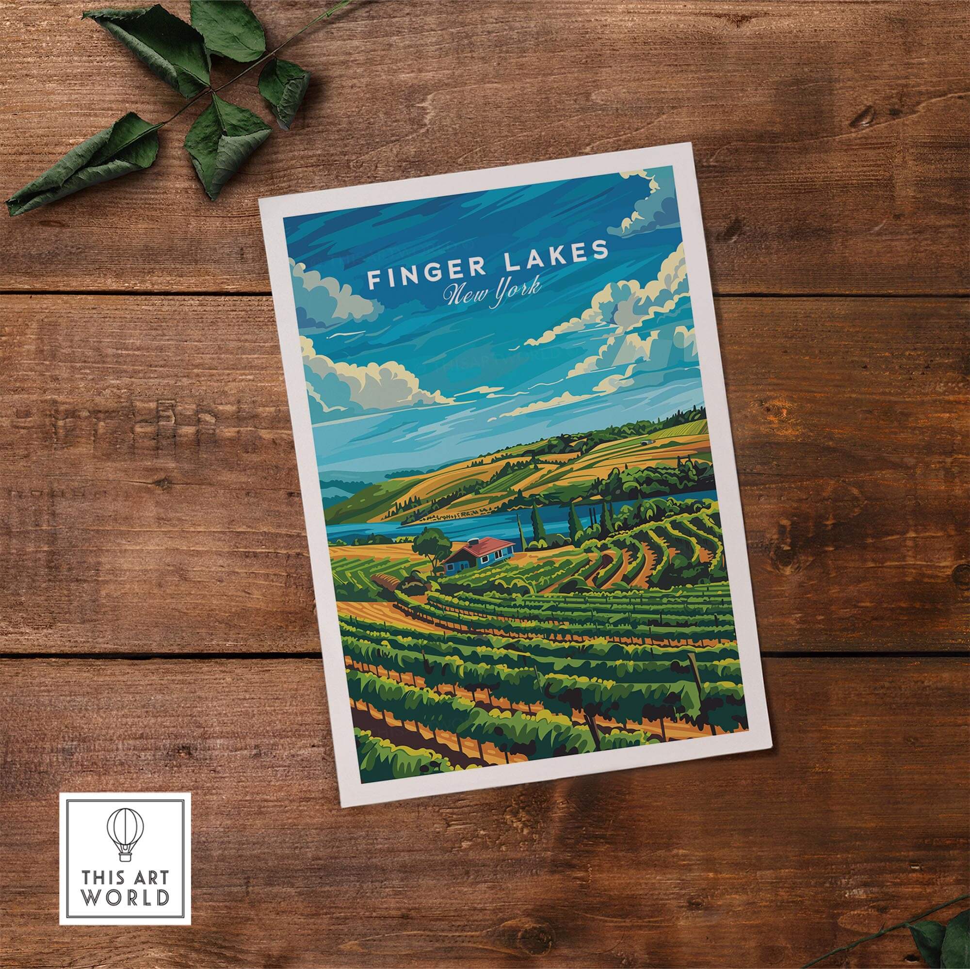 Finger Lakes Poster showcasing vibrant landscapes of New York's Finger Lakes region on a rustic wooden background.