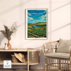 Finger Lakes Poster displayed in a home setting, showcasing vibrant colors and scenic views of New York State.
