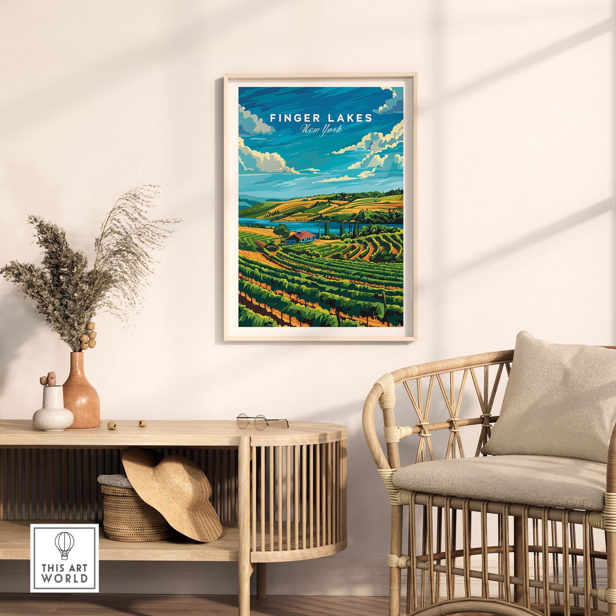 Finger Lakes Poster displayed in a home setting, showcasing vibrant colors and scenic views of New York State.