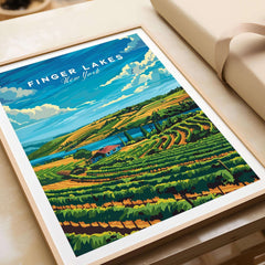 Finger Lakes Poster showcasing the scenic vineyards and lakes of New York with vibrant colors and artistic design.